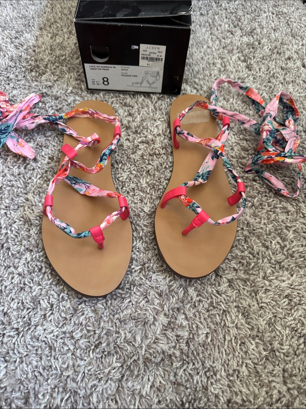 J. Crew Floral Multi-Color Wrap Sandals with Pink Accents